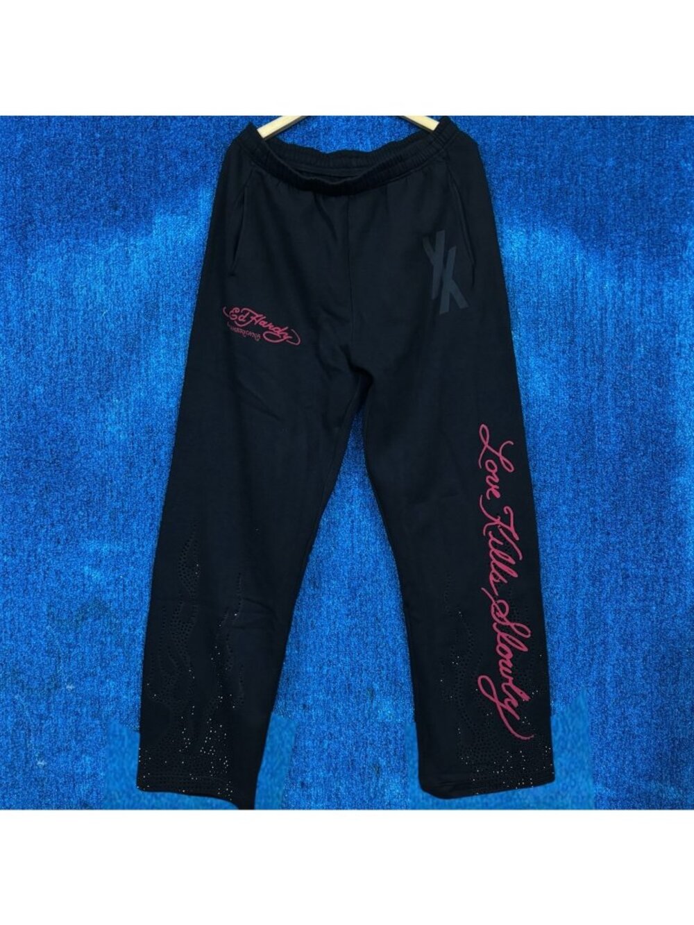 Ed Hardy x Lost Americana Flames Rhinestone Baggy Joggers XL
